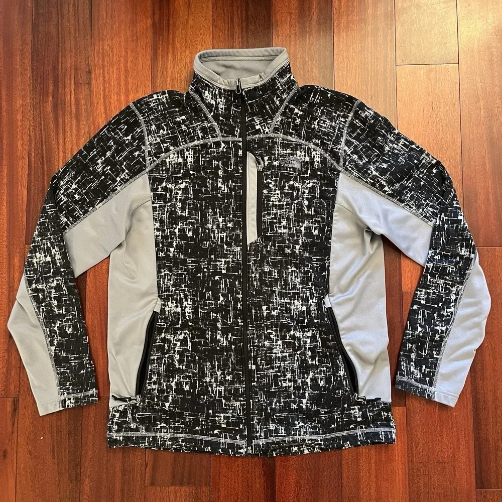 The North Face Fleece Men Large Black Gray Full Zip Jacket Geometric Plaid Logo